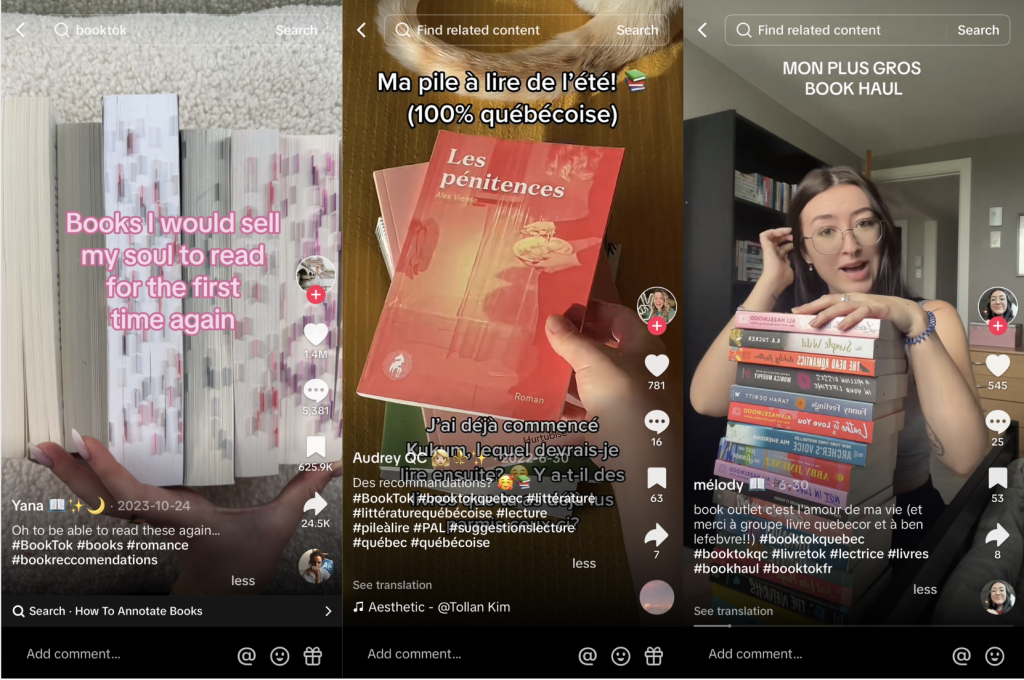 Des captures d'écran qui #booktok et #booktokquebec, avec recommandations de livres.